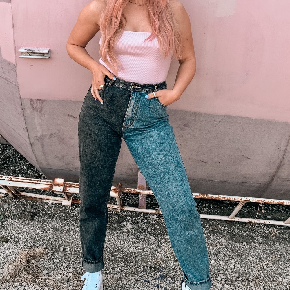 Two Tone High Waisted  Mom Jeans